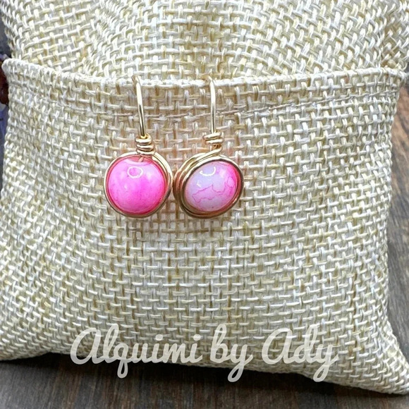 Handmade gemstones drops/spheres dangle earrings/pink agate/ - Picture 1 of 2